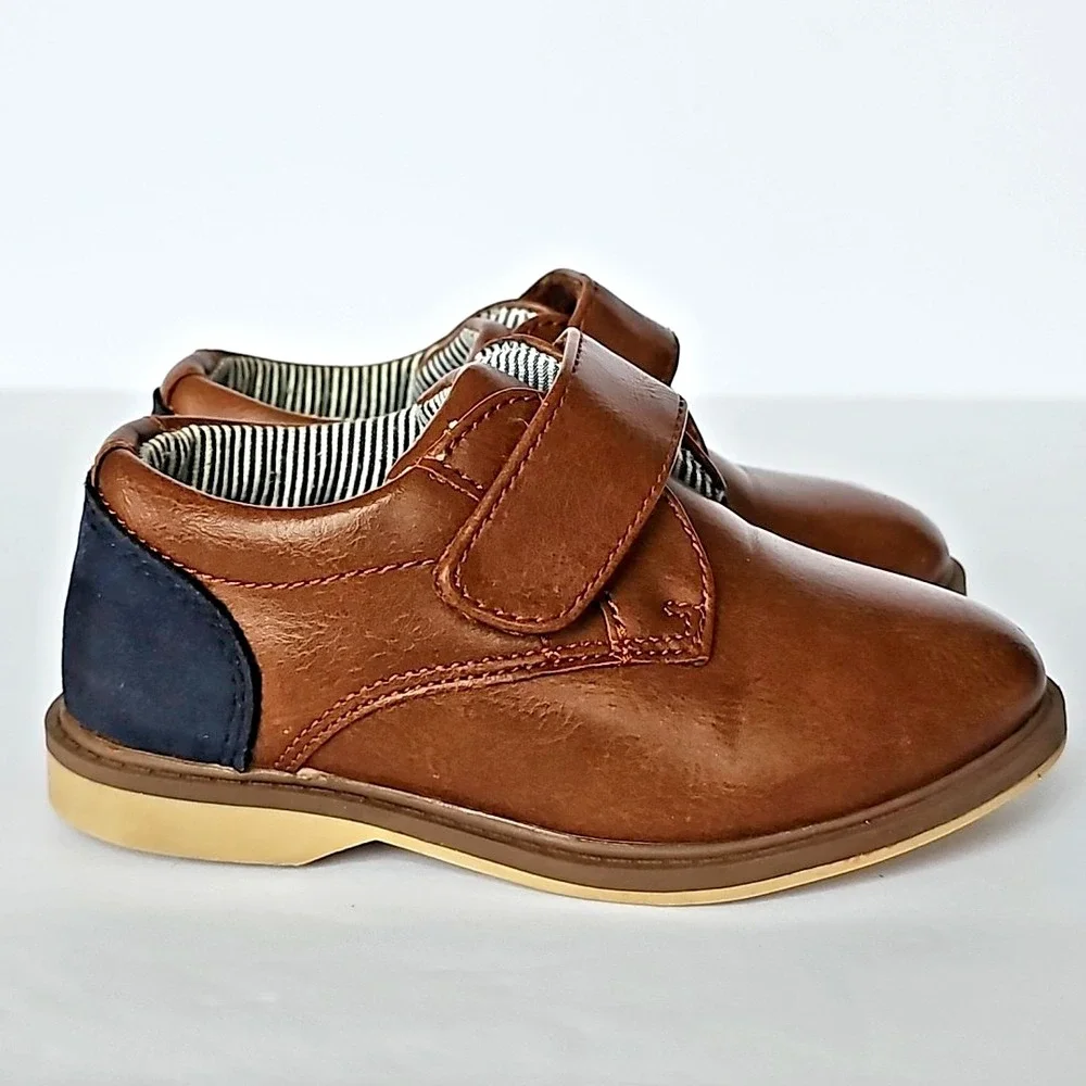 Tahari Boys Toddler Dress Shoes Sz‎ 7 Brown Church Formal Hook Loop Closure 1843